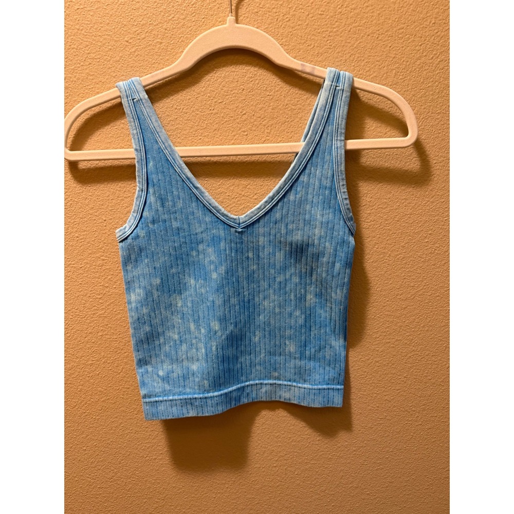 Zenana Acid Wash Ribbed Seamless V Neck Crop Tank Top Blue NTW-6192A S/M